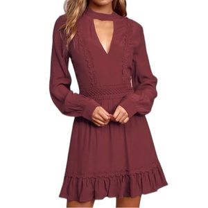 Lulu’s Fall For Me Burgundy Long Sleeve Cutout Skater Dress